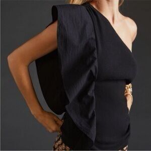 Anthropologie One‎ Shoulder Ruffle Black Cotton Blouse Top Size XXS